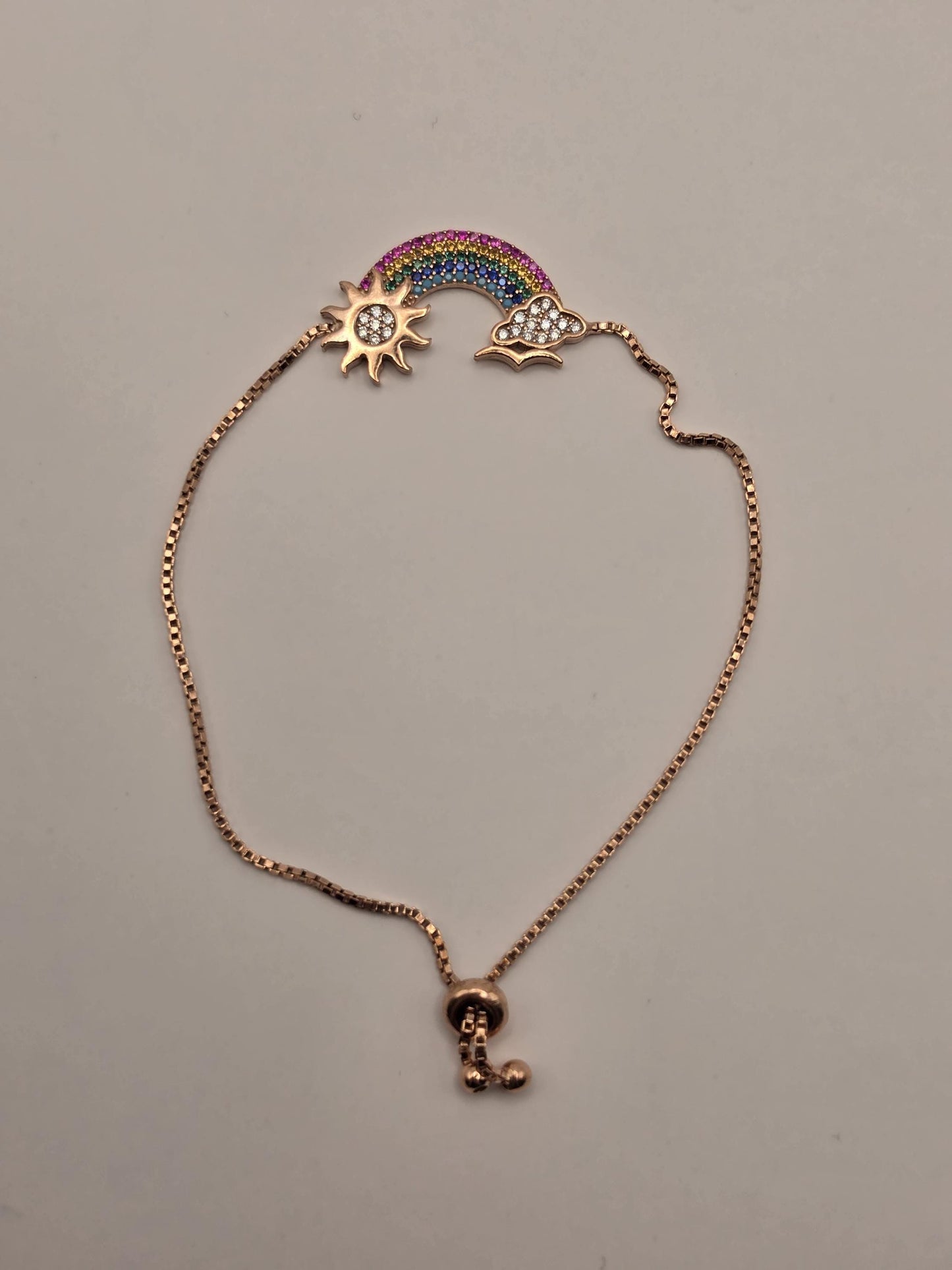 Rose Gold Plated Sterling Silver Rainbow Bracelet, Adjustable Box Chain 925