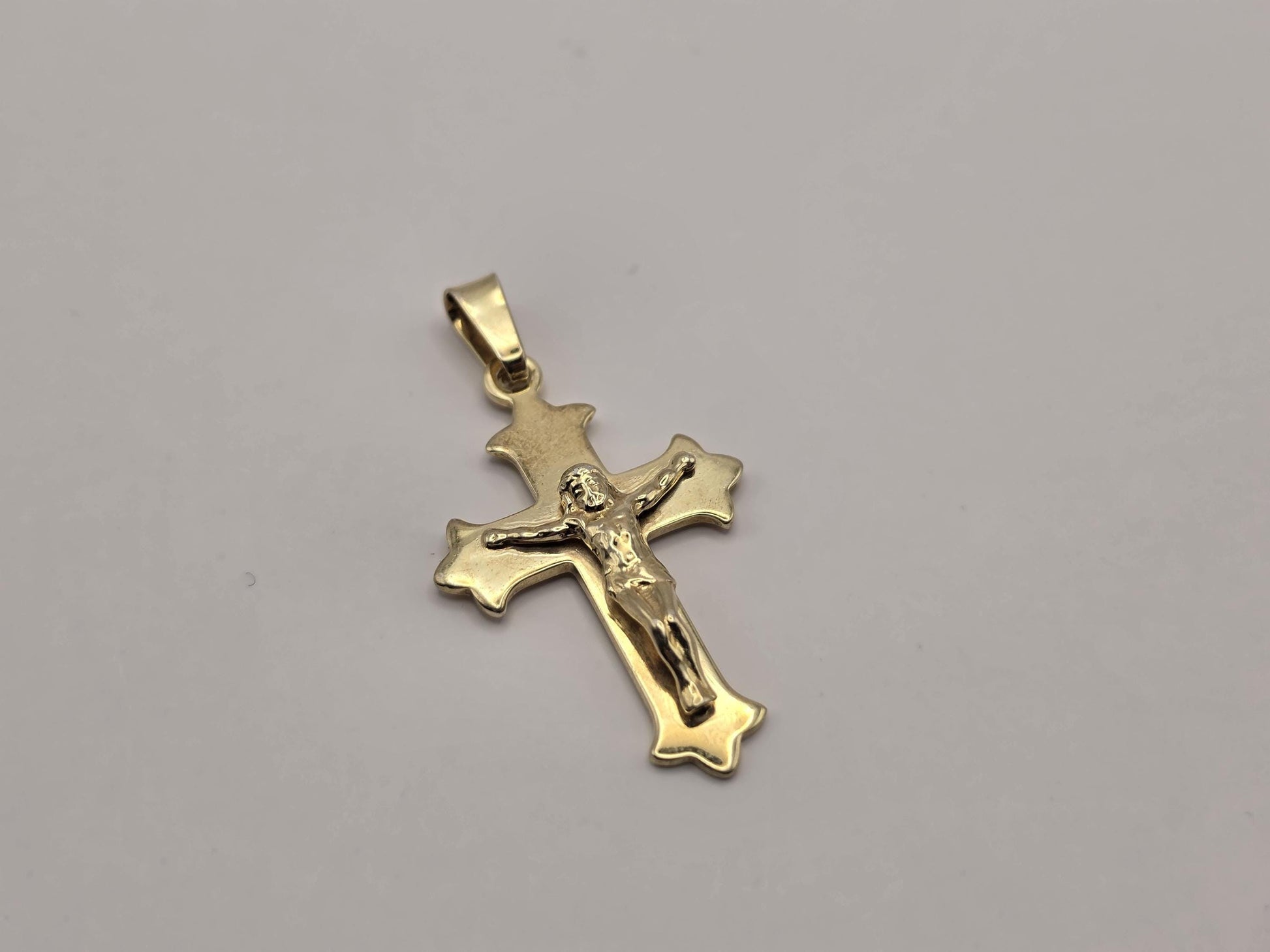 Gold Plated Sterling Silver Crucifix Pendant, Flared Arm Cross with Corpus 925