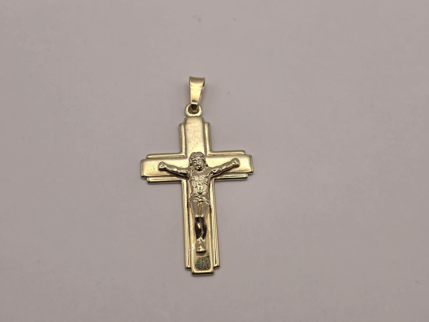 Gold Plated Sterling Silver Crucifix Pendant, Layered Edge Cross with Corpus 925