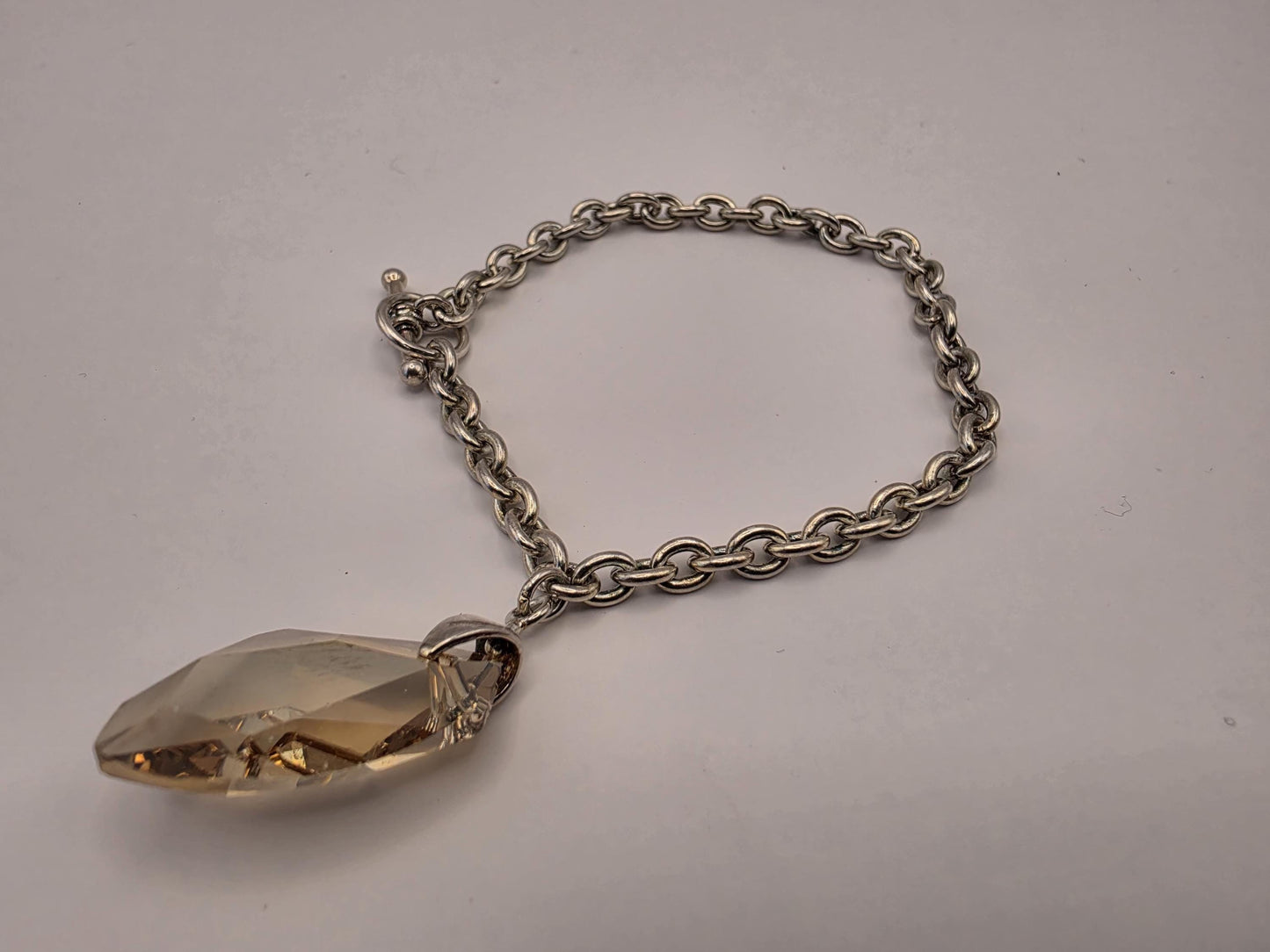 Sterling Silver Cable Chain Bracelet — Large Faceted Crystal Drop Charm Toggle Clasp 925