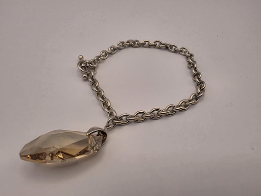 Sterling Silver Cable Chain Bracelet — Large Faceted Crystal Drop Charm Toggle Clasp 925