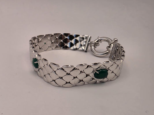 Sterling Silver Scale Mesh Bracelet — Green Cabochon Station Wide Cuff 925