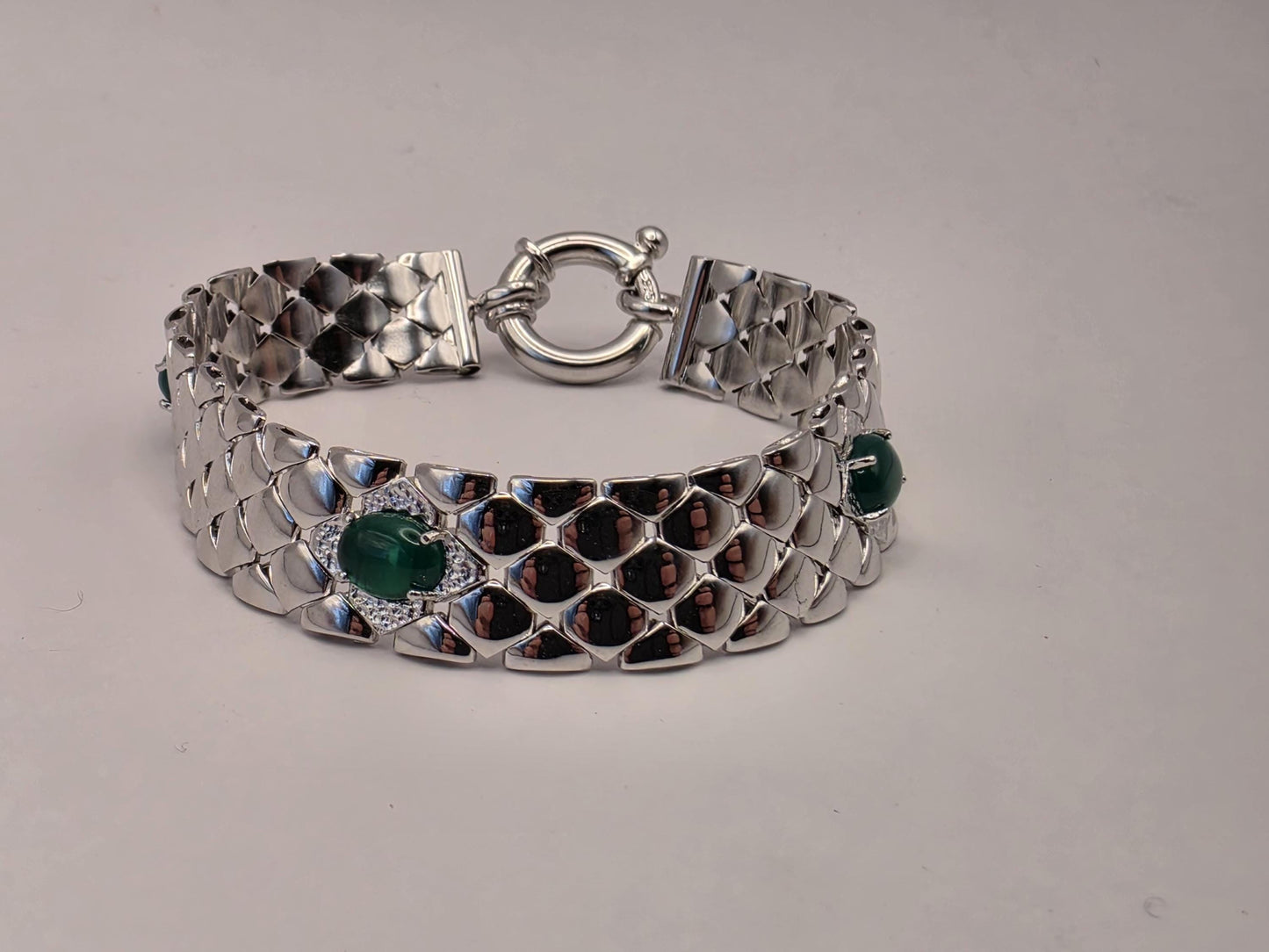 Sterling Silver Scale Mesh Bracelet — Green Cabochon Station Wide Cuff 925