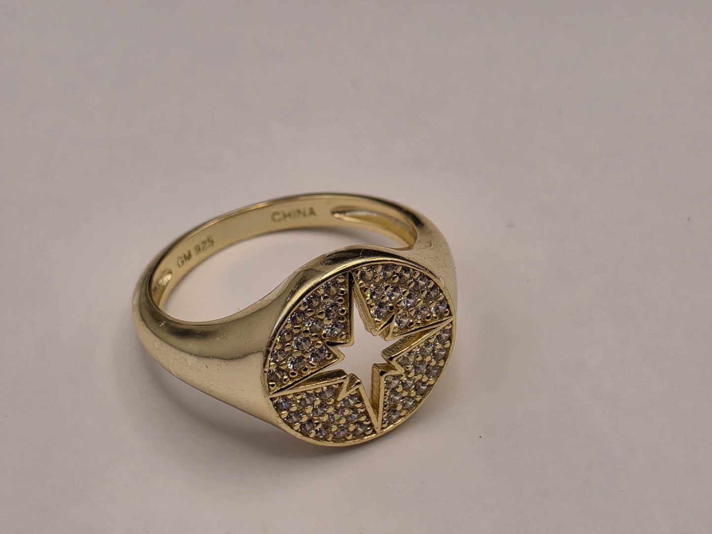 Gold Plated North Star Signet Ring — CZ Pave Celestial Compass Ring Size 6