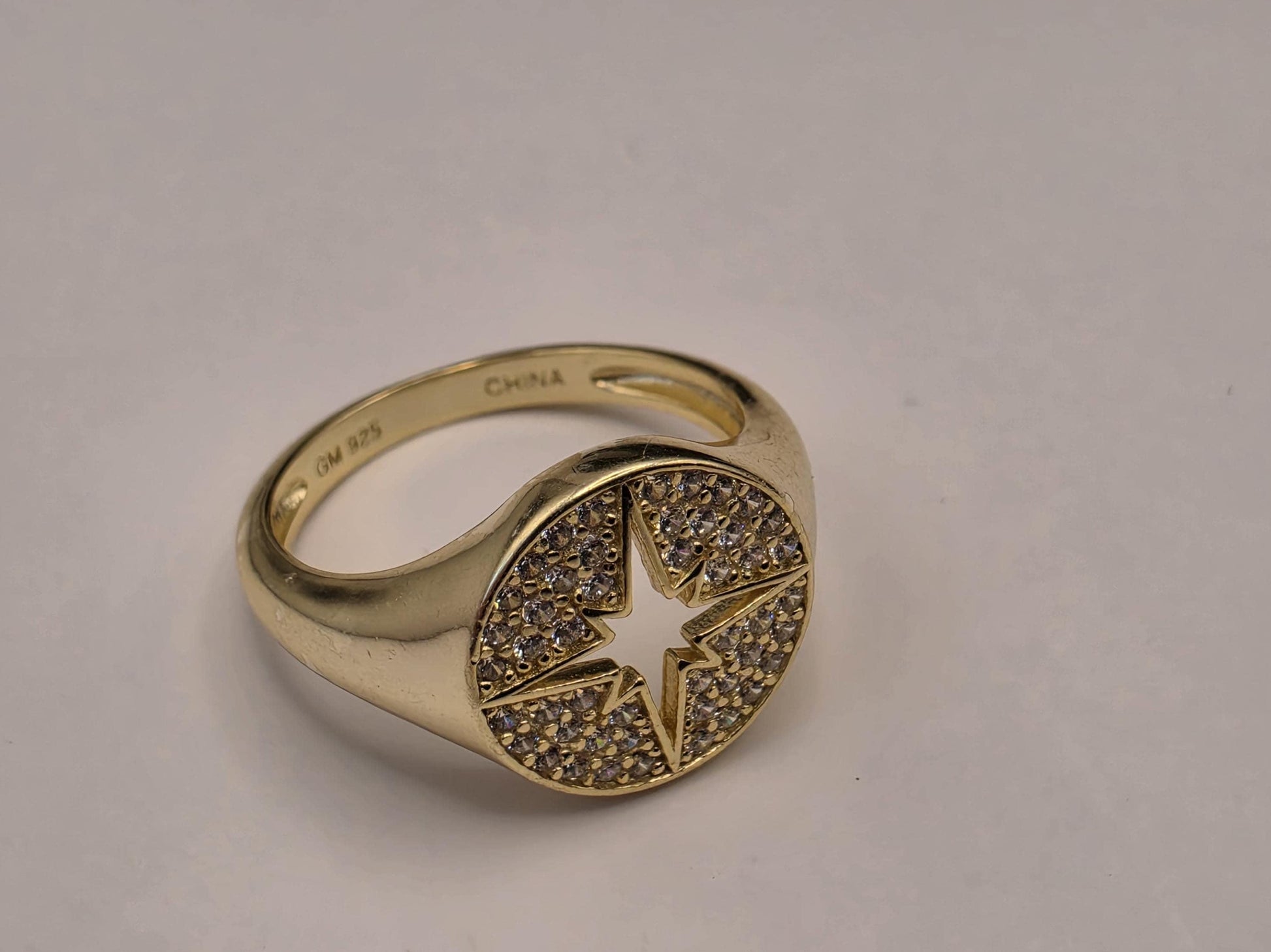 Gold Plated North Star Signet Ring — CZ Pave Celestial Compass Ring Size 6