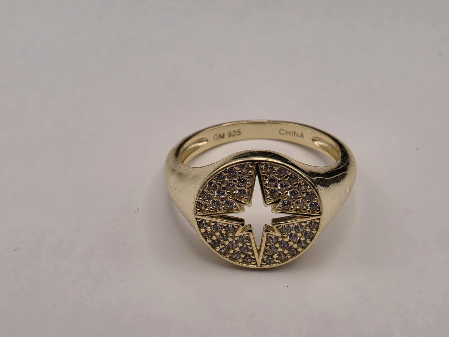 Gold Plated North Star Signet Ring — CZ Pave Celestial Compass Ring Size 6