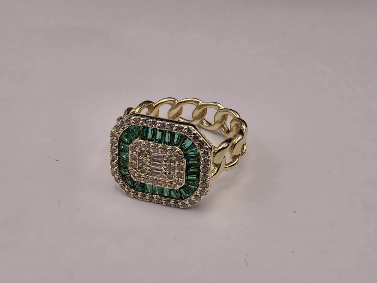 Gold Plated Cuban Link Signet Ring — Emerald Green Baguette CZ Statement Ring Size 5