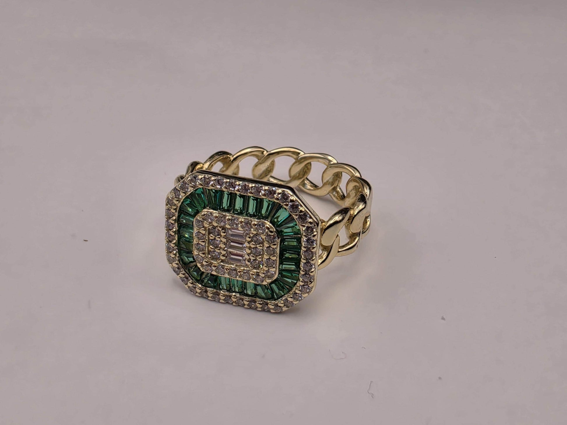 Gold Plated Cuban Link Signet Ring — Emerald Green Baguette CZ Statement Ring Size 5