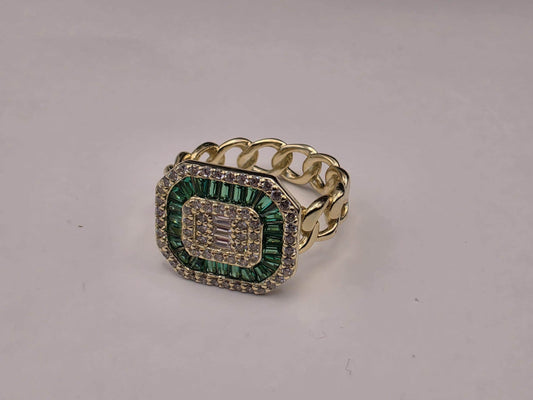 Gold Plated Cuban Link Signet Ring — Emerald Green Baguette CZ Statement Ring Size 5
