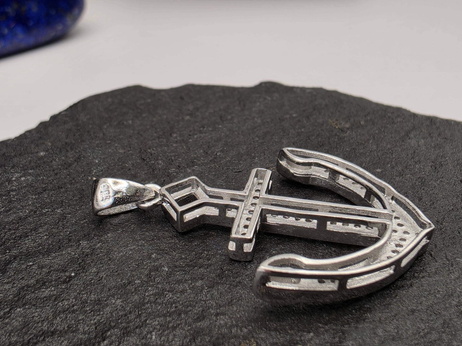 Sterling Silver Anchor Cross Pendant — CZ Pave Nautical Faith Charm 925