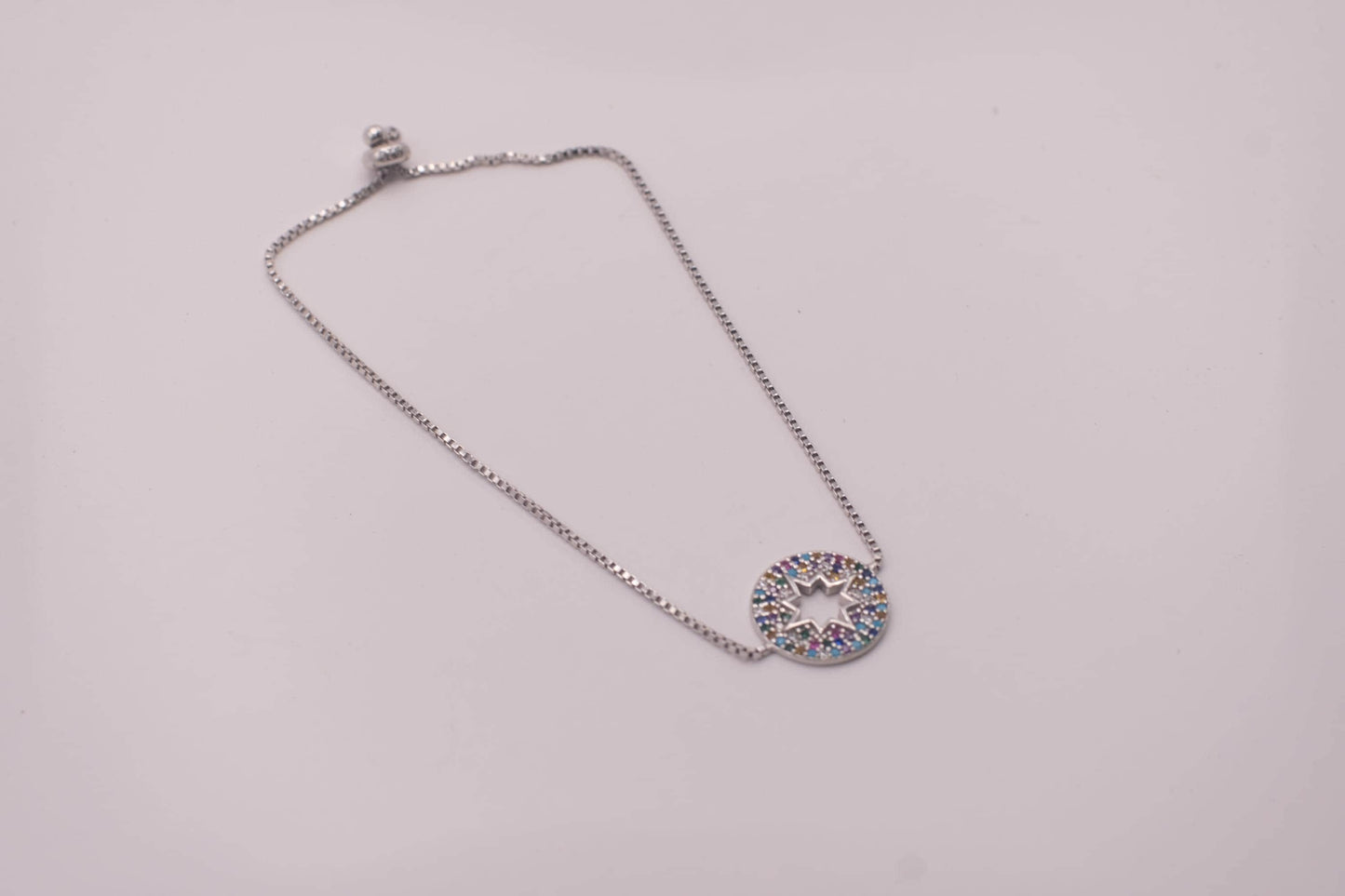 925 Sterling Silver Rainbow CZ Star Bracelet | Adjustable | Round Disc Charm | 15mm