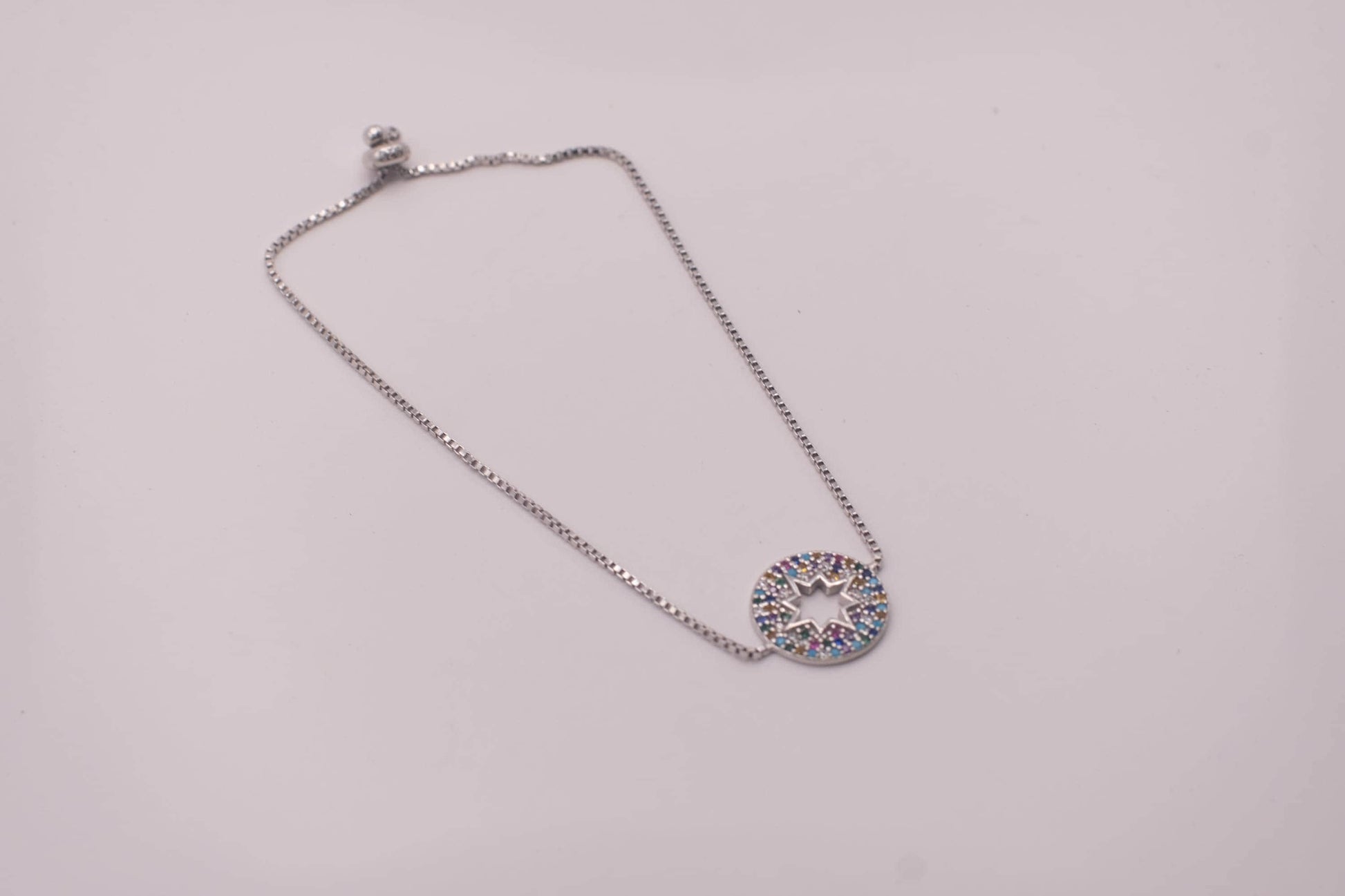 925 Sterling Silver Rainbow CZ Star Bracelet | Adjustable | Round Disc Charm | 15mm