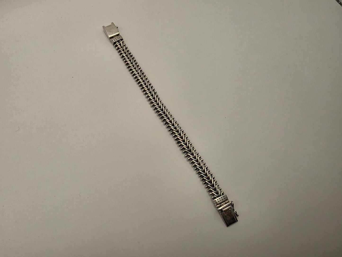 925 Sterling Silver Woven Bead Bracelet | Foxtail Center | Ball Chain Border | Heavy 49g