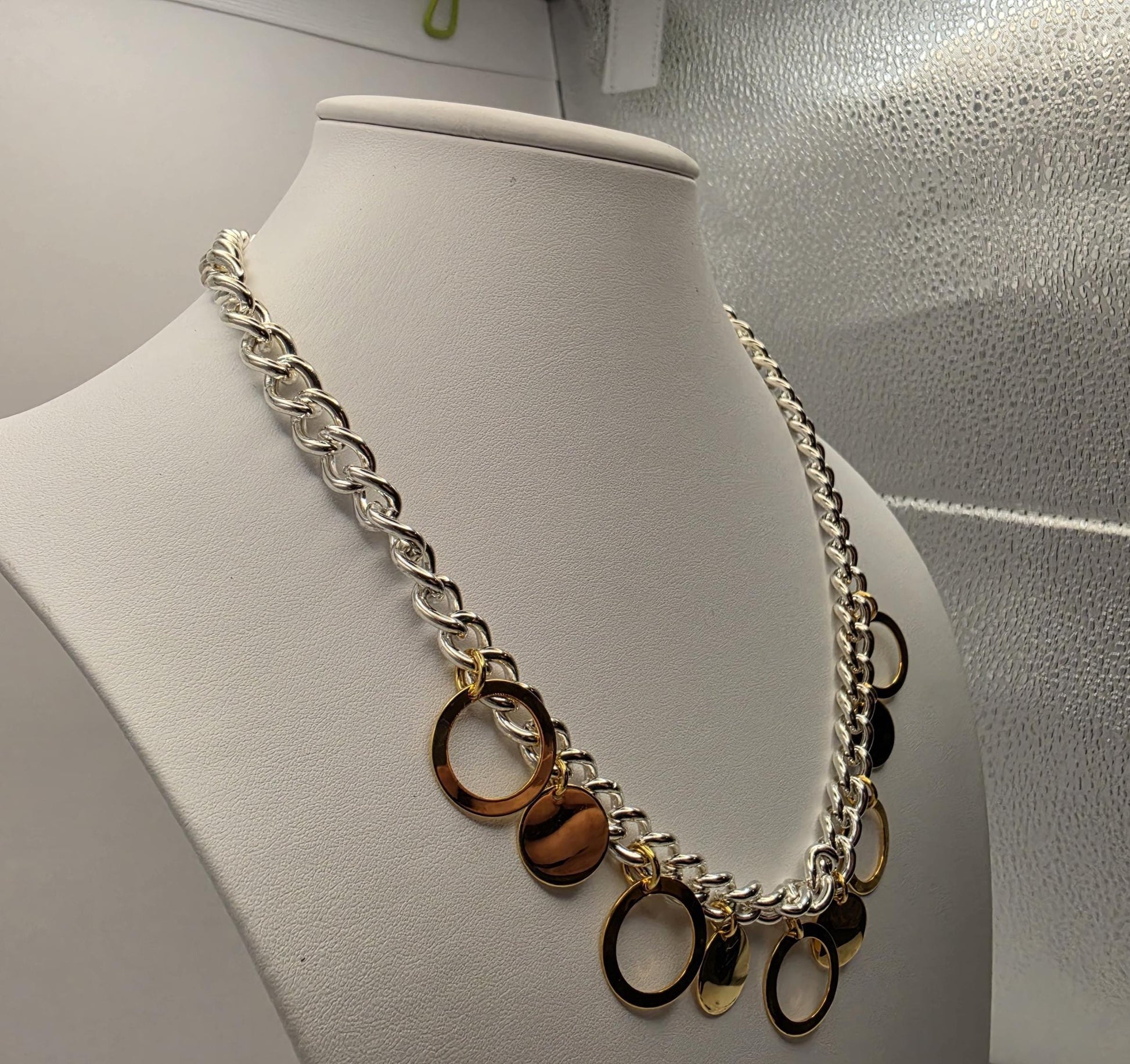 925 Sterling Silver Two-Tone Charm Necklace | Gold Disc & Circle Charms | Curb Chain | 20.5"