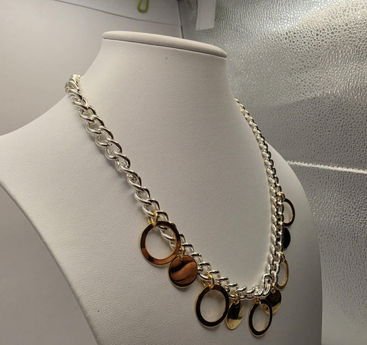 925 Sterling Silver Two-Tone Charm Necklace | Gold Disc & Circle Charms | Curb Chain | 20.5"