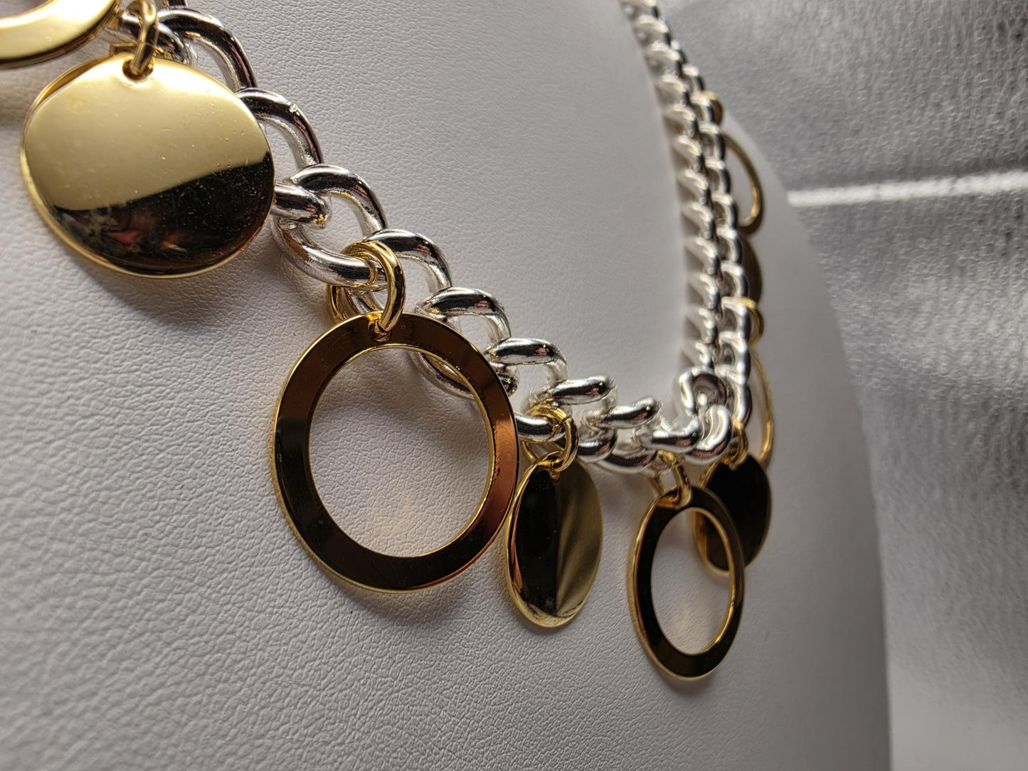 925 Sterling Silver Two-Tone Charm Necklace | Gold Disc & Circle Charms | Curb Chain | 20.5"