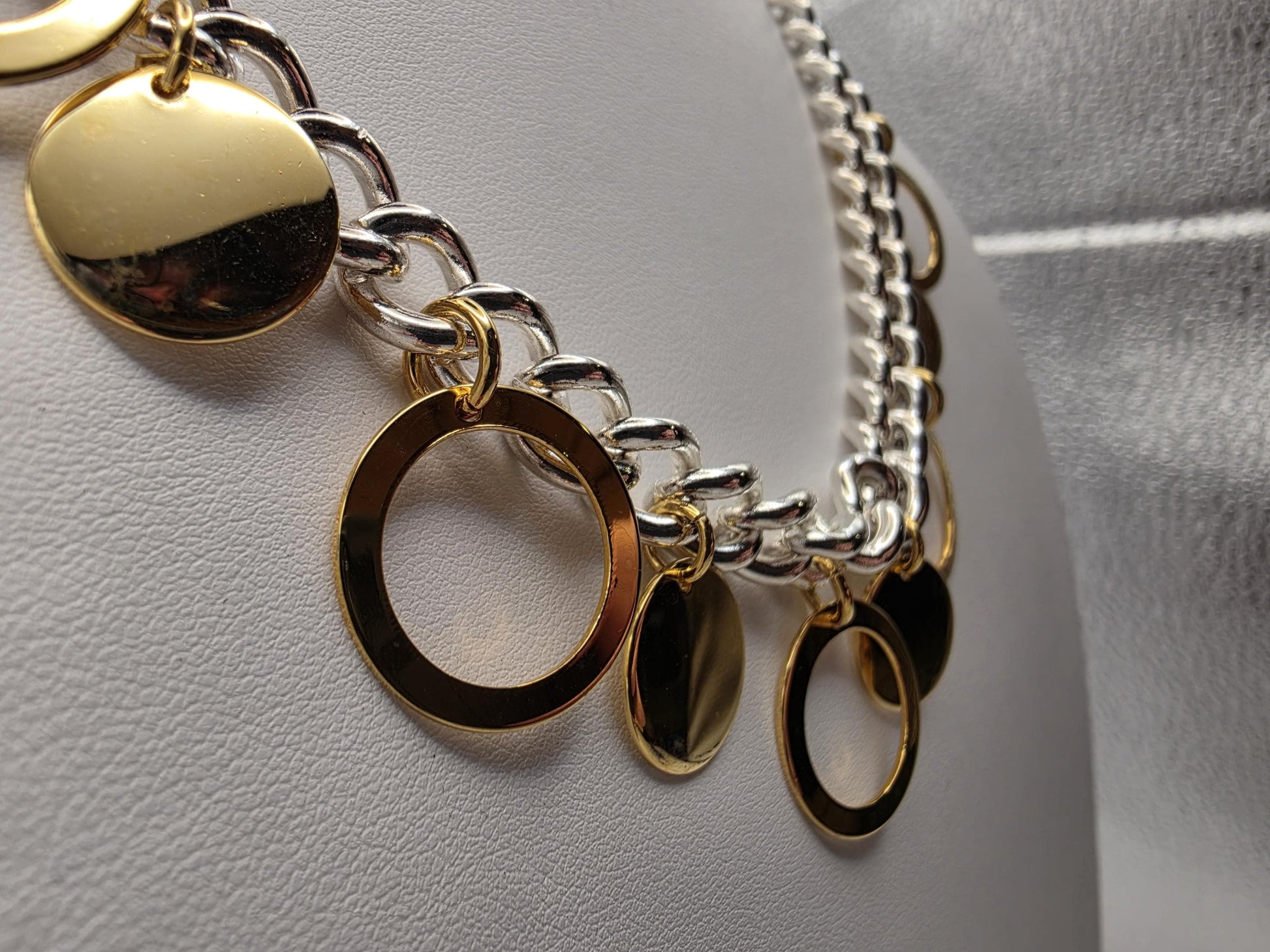 925 Sterling Silver Two-Tone Charm Necklace | Gold Disc & Circle Charms | Curb Chain | 20.5"