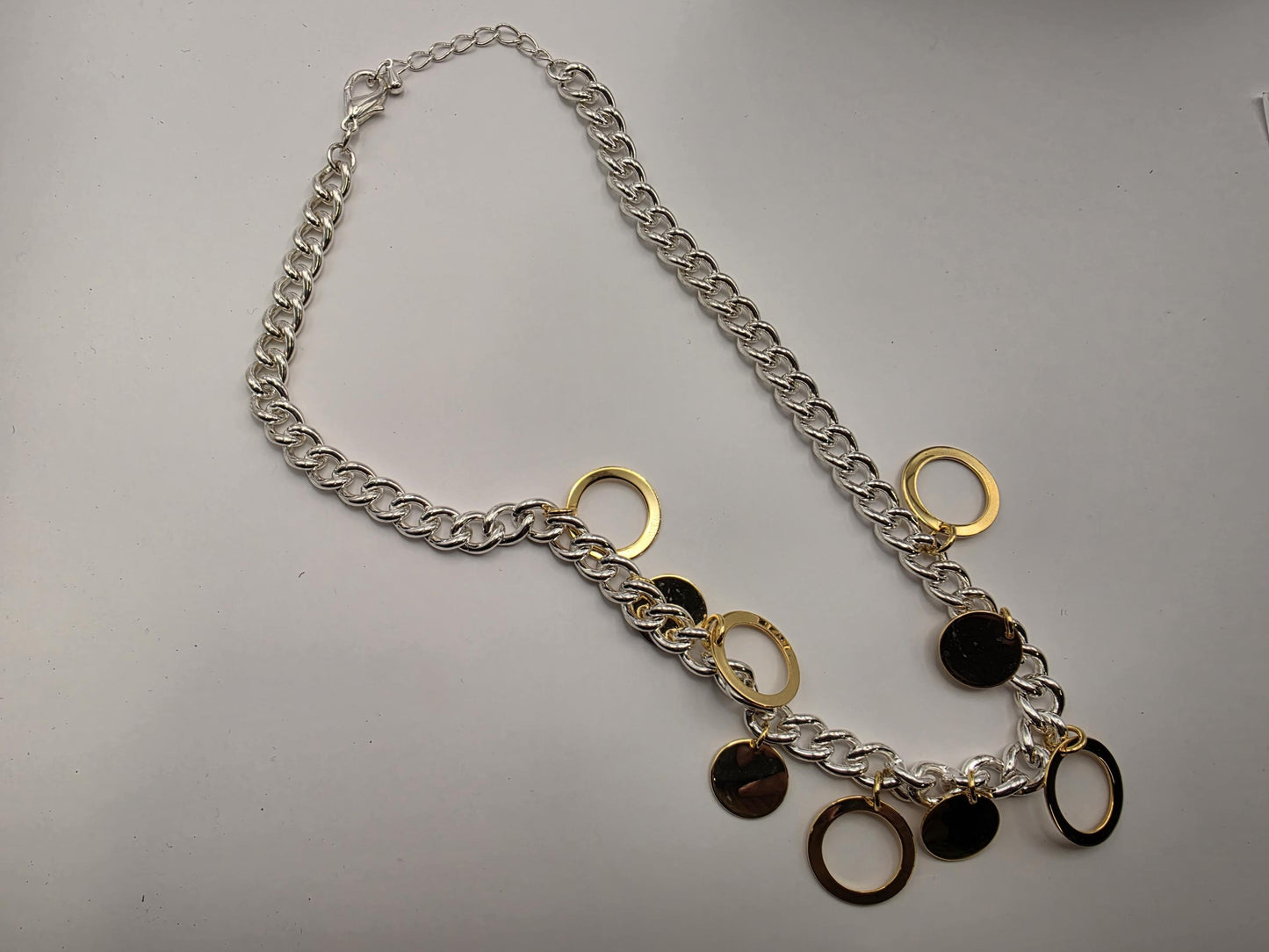925 Sterling Silver Two-Tone Charm Necklace | Gold Disc & Circle Charms | Curb Chain | 20.5"