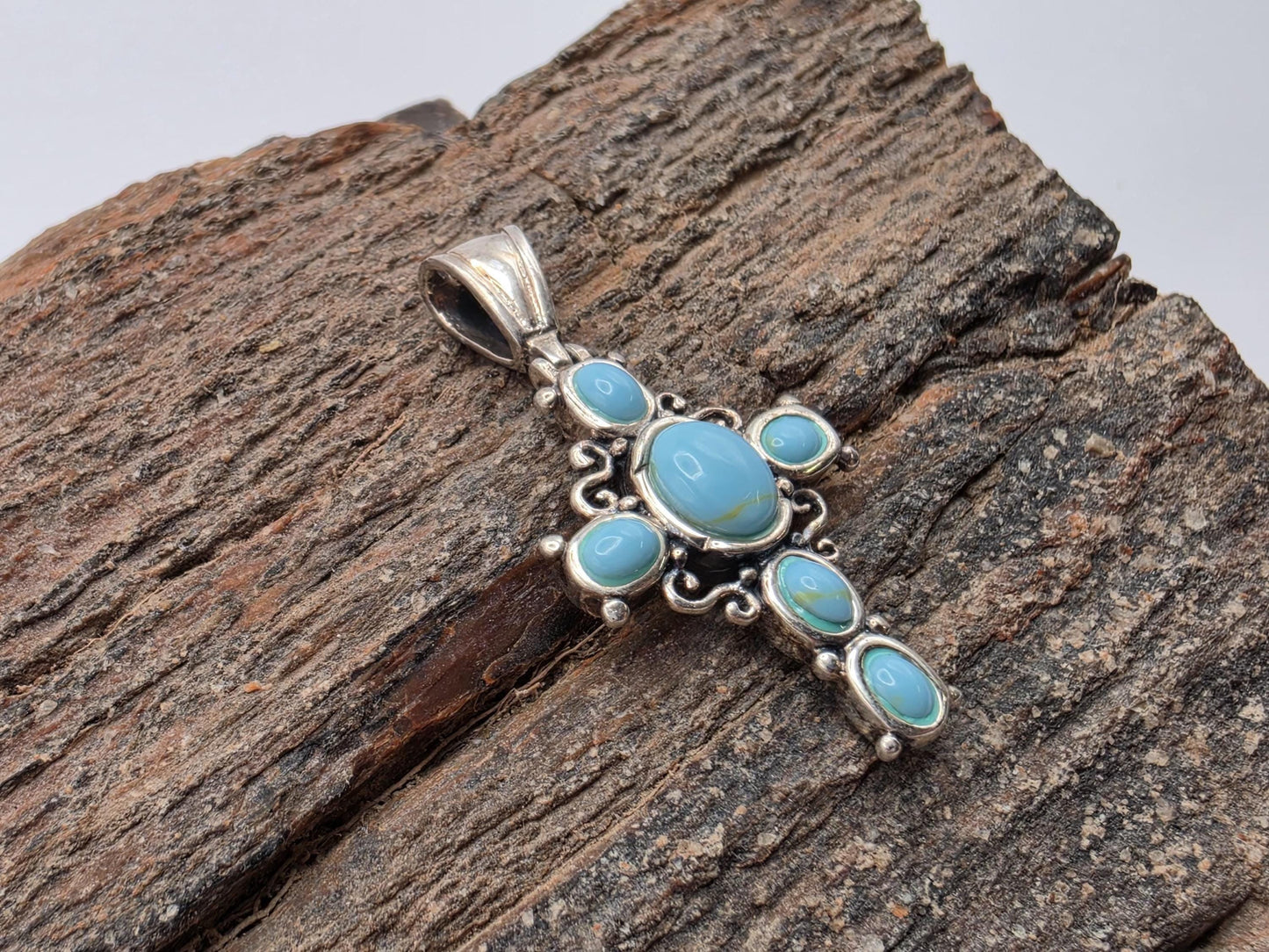 925 Sterling Silver Turquoise Cabochon Cross Pendant | 5 Stone | Scrollwork | 1"