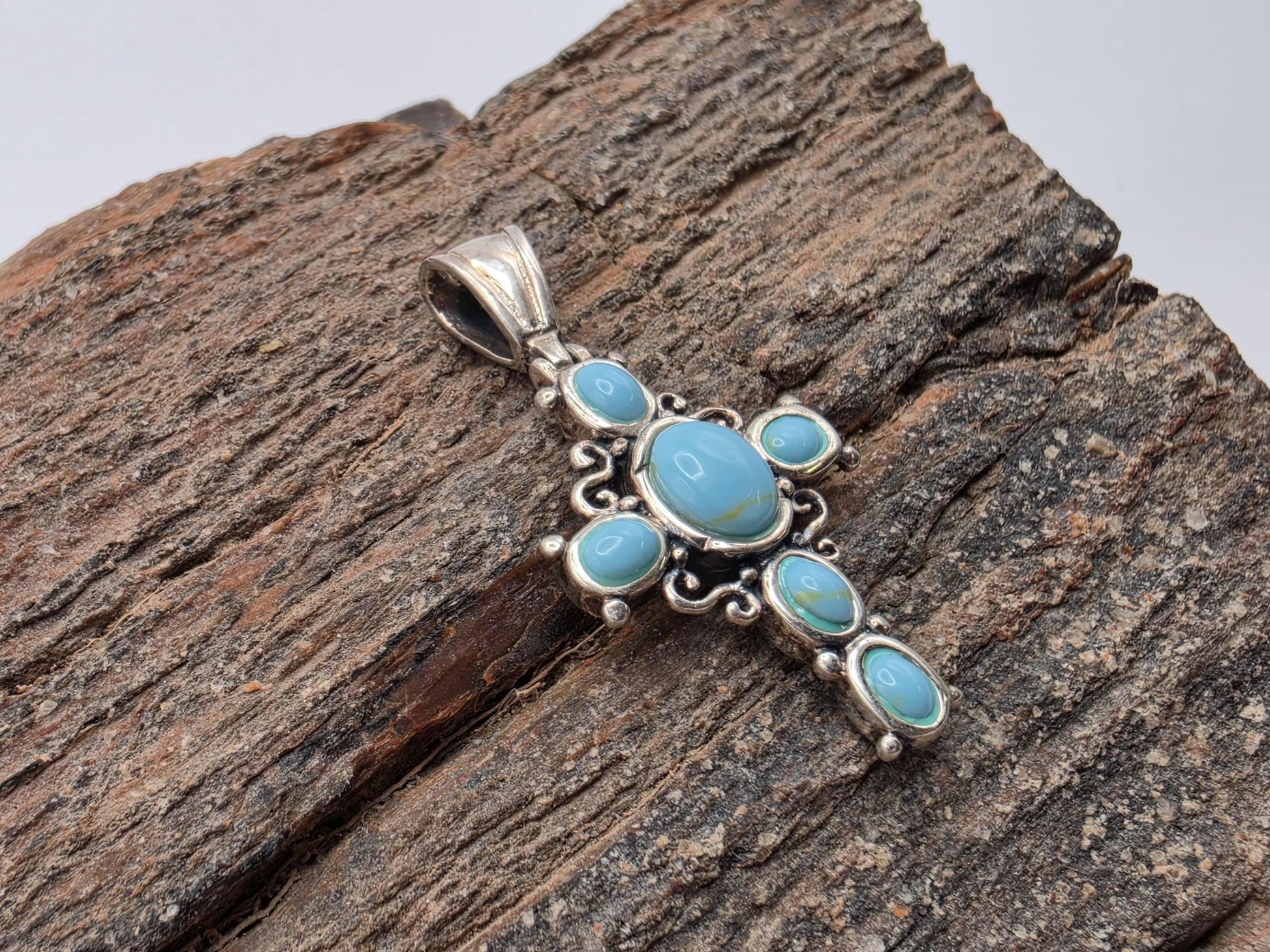 925 Sterling Silver Turquoise Cabochon Cross Pendant | 5 Stone | Scrollwork | 1"