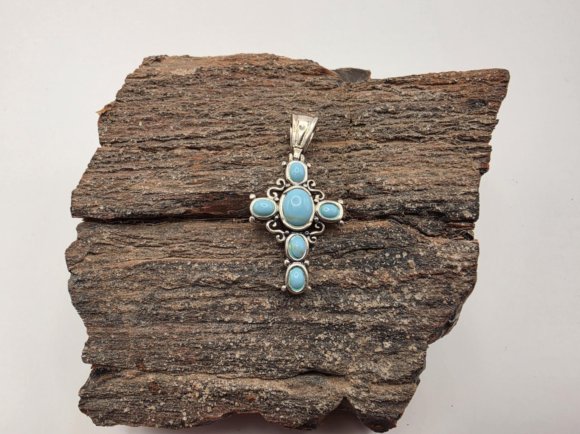 925 Sterling Silver Turquoise Cabochon Cross Pendant | 5 Stone | Scrollwork | 1"