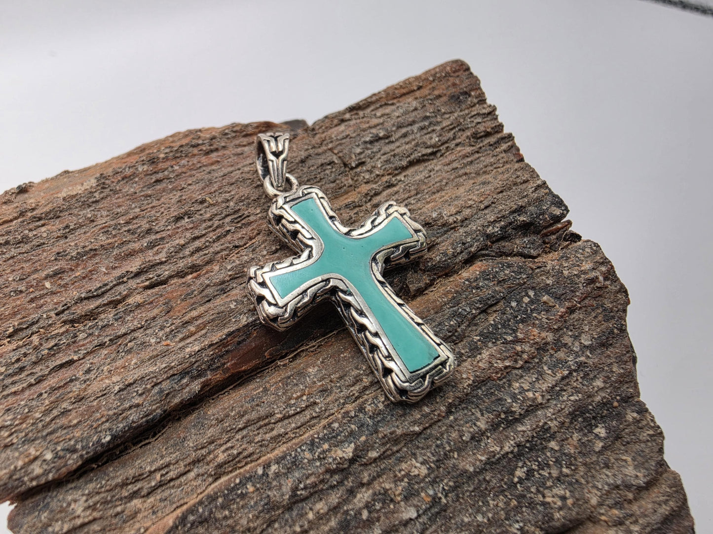 925 Sterling Silver Turquoise Cross Pendant | Rope Twist Border | Enamel Fill | 1.25"