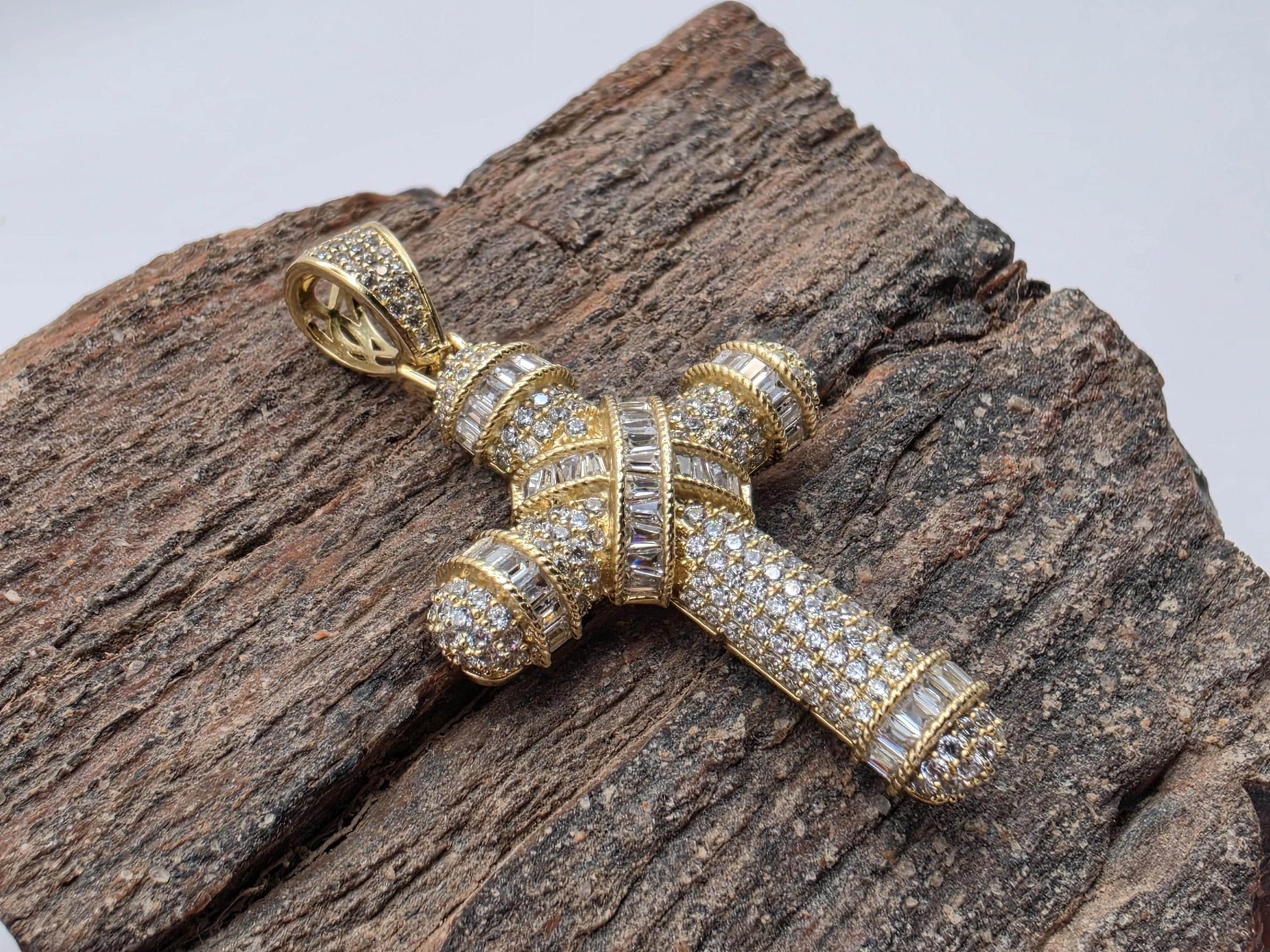 Gold Plated Sterling Silver Cross Pendant | Baguette Wrap Detail | Round CZ Pave | 1.5"