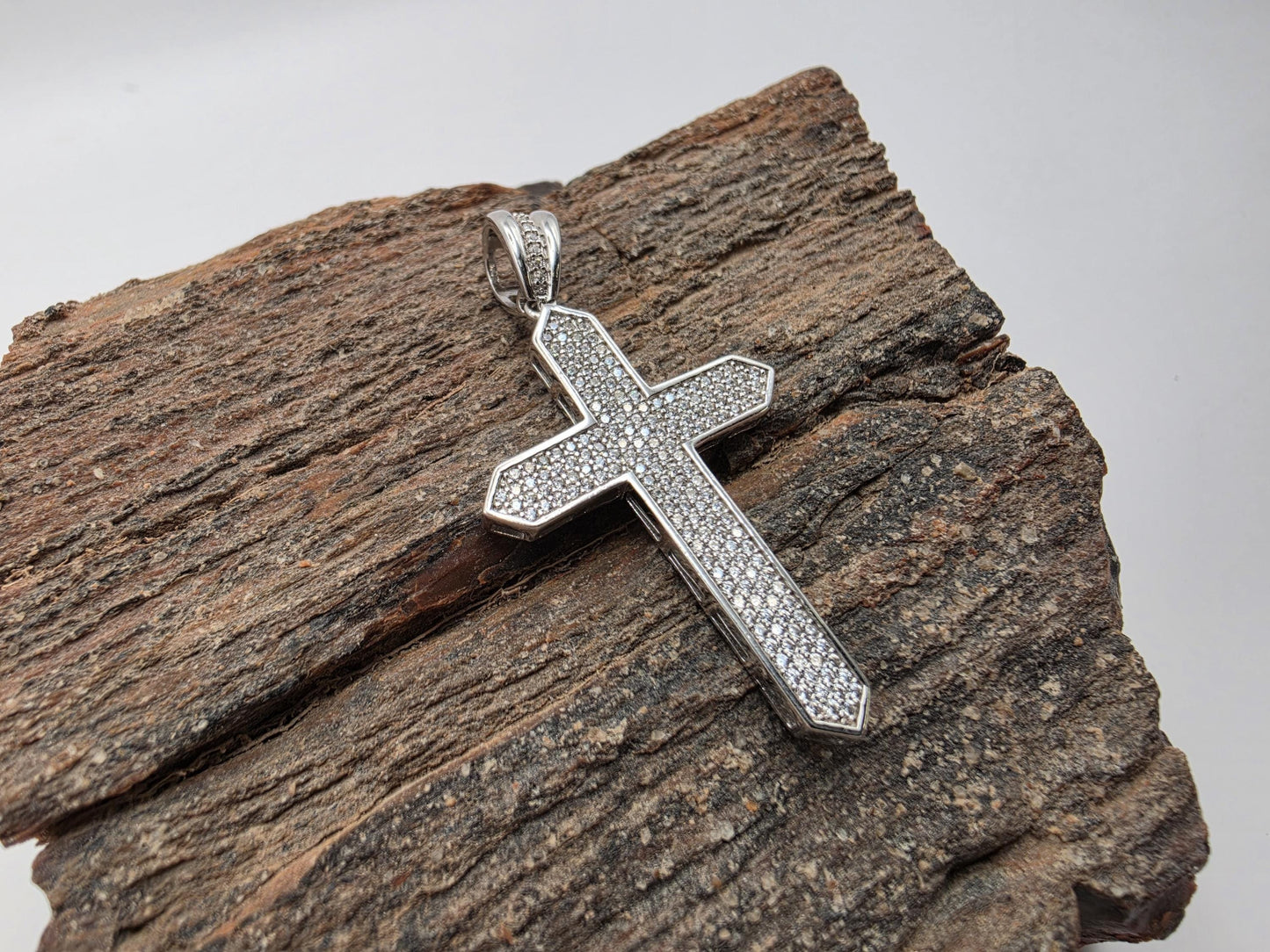 925 Sterling Silver Micro Pave Cross Pendant | Full CZ Coverage | Beveled Edge | 1.5"