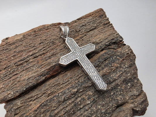 925 Sterling Silver Micro Pave Cross Pendant | Full CZ Coverage | Beveled Edge | 1.5"