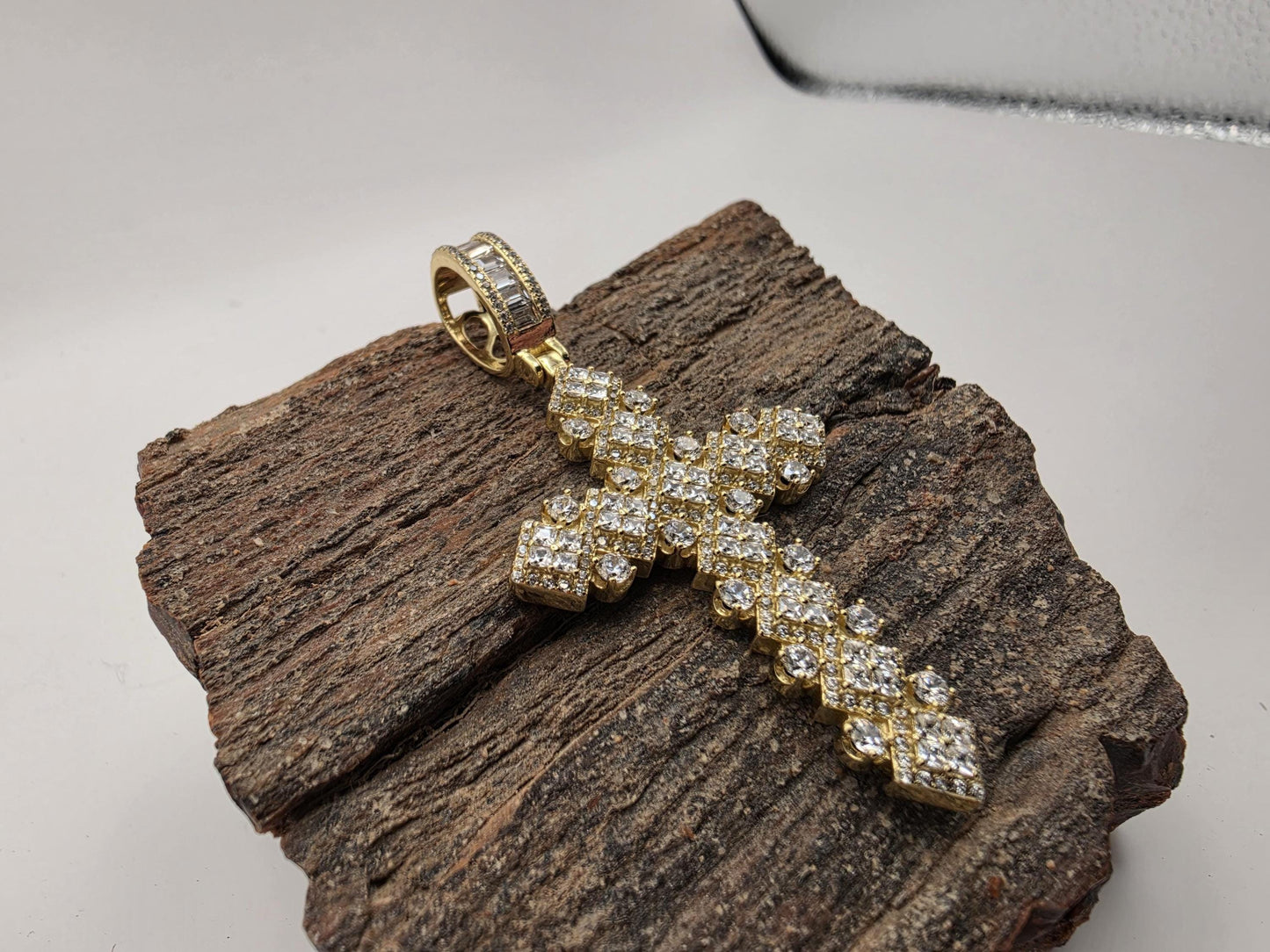 Gold Plated Sterling Silver Oversized CZ Cross Pendant | Large Round Prong Set | 2" Statement
