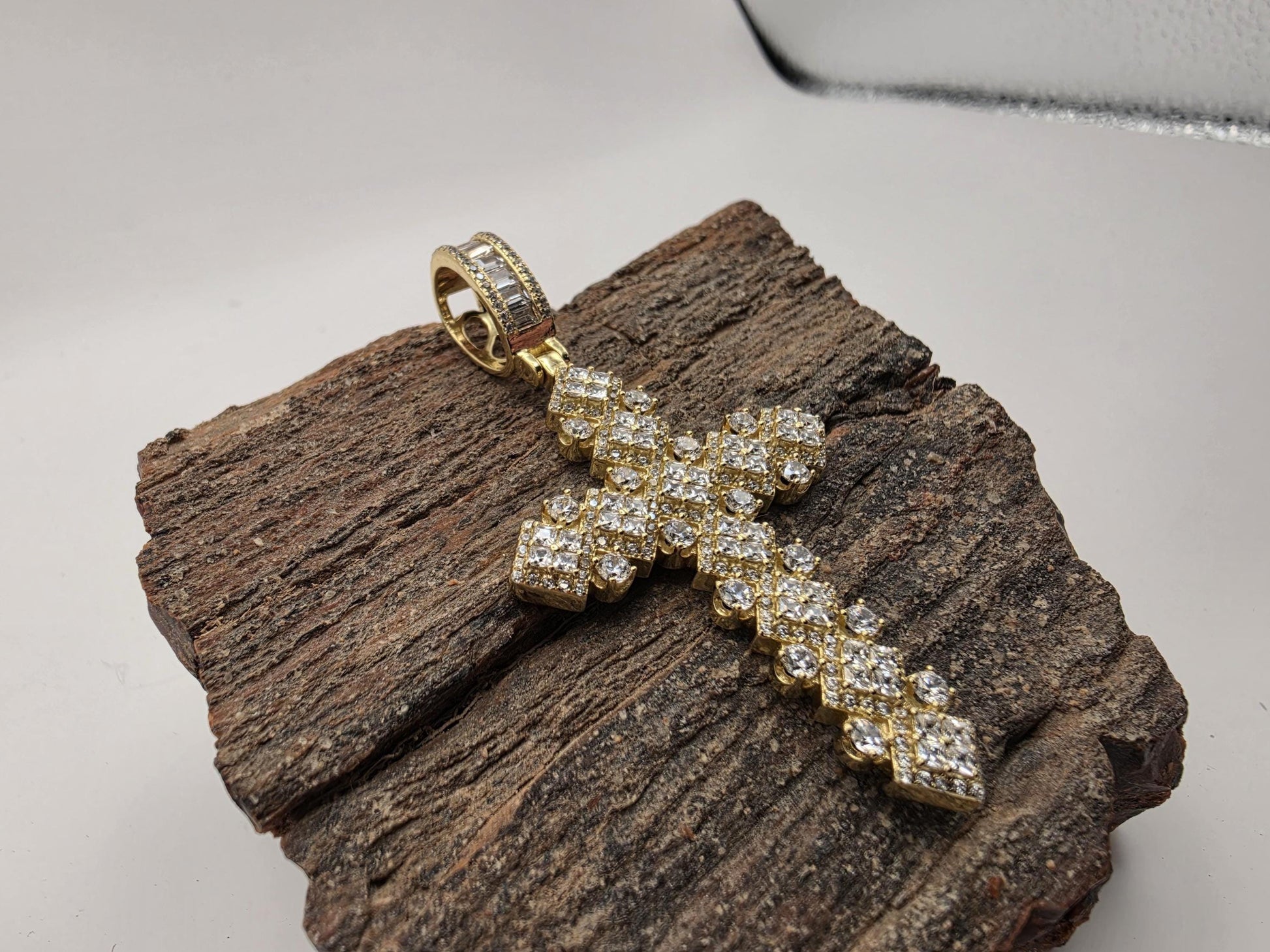 Gold Plated Sterling Silver Oversized CZ Cross Pendant | Large Round Prong Set | 2" Statement