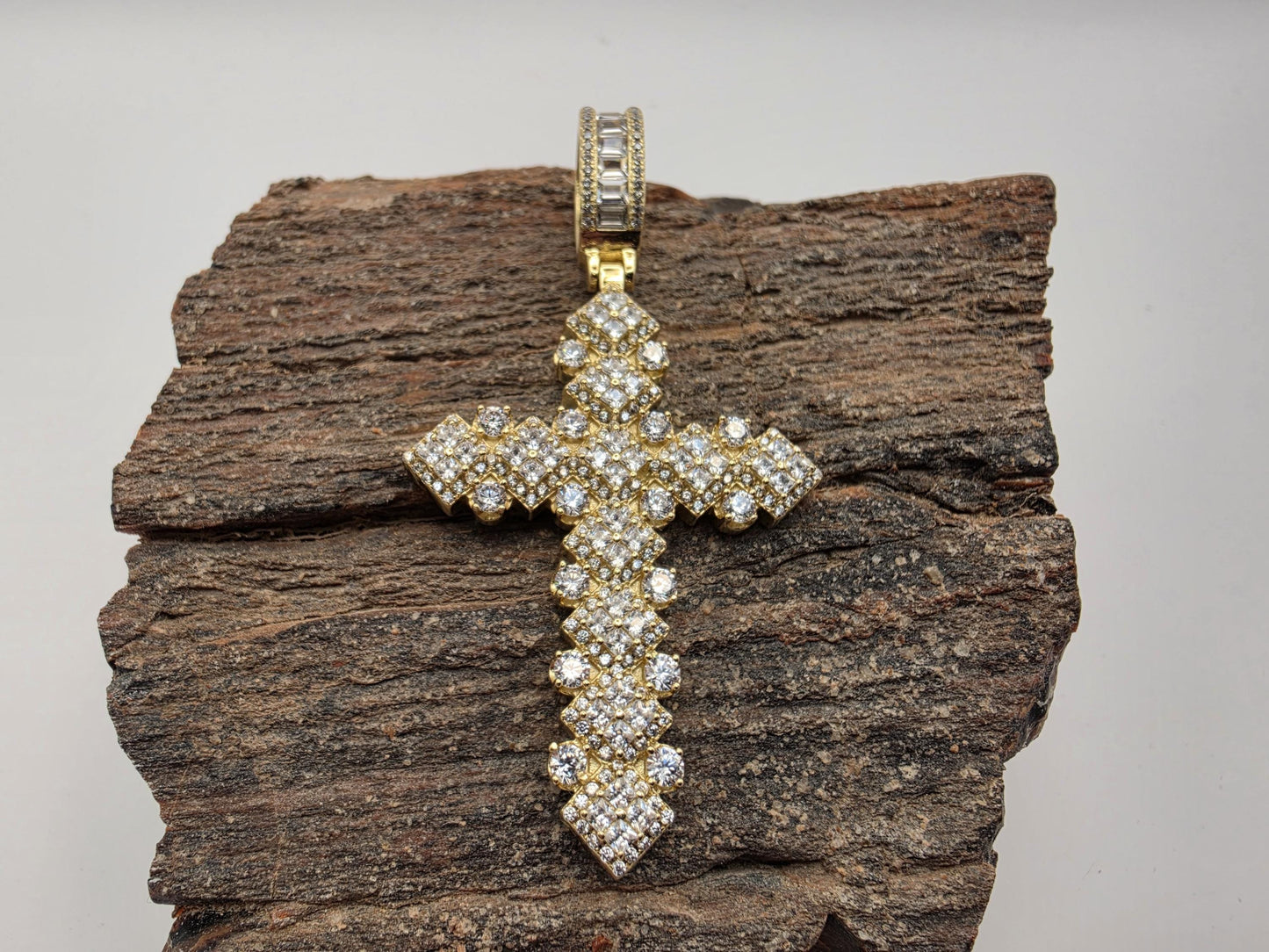 Gold Plated Sterling Silver Oversized CZ Cross Pendant | Large Round Prong Set | 2" Statement