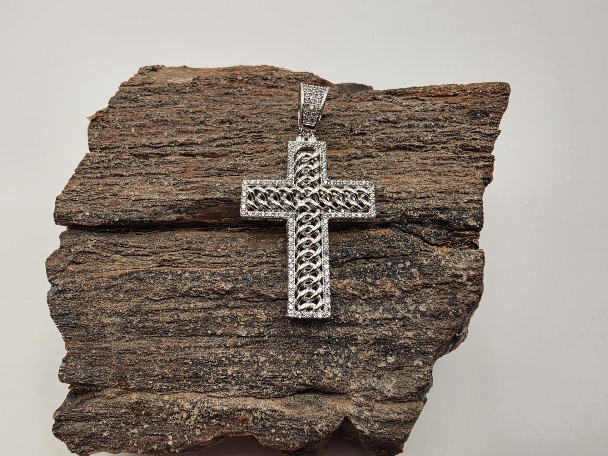 925 Sterling Silver Rope Texture Cross Pendant | Milgrain Border | Open Frame | 1.25"