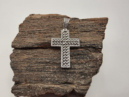925 Sterling Silver Rope Texture Cross Pendant | Milgrain Border | Open Frame | 1.25"