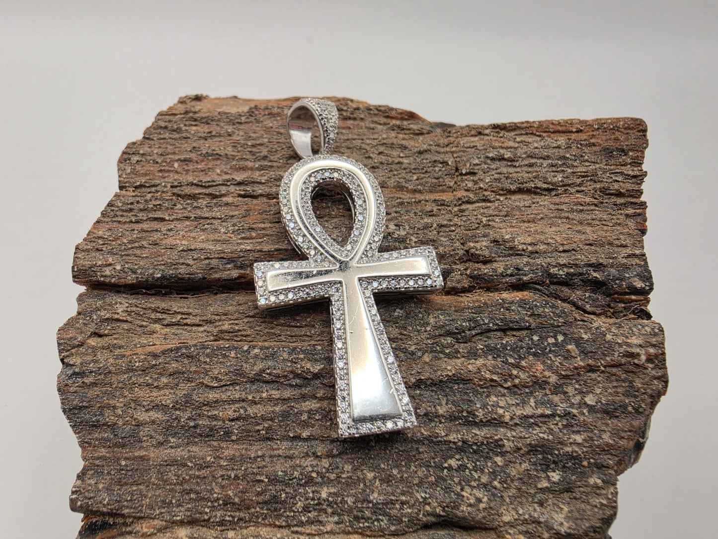 925 Sterling Silver Ankh Cross Pendant | CZ Pave Border | High Polish | 1.5"
