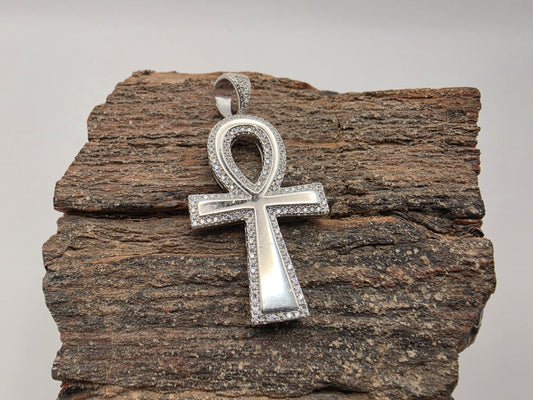 925 Sterling Silver Ankh Cross Pendant | CZ Pave Border | High Polish | 1.5"
