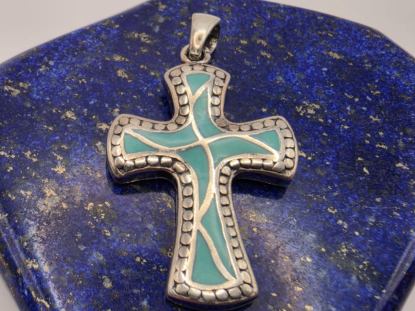 925 Sterling Silver Turquoise Cross Pendant | Enamel Fill | Milgrain Border | 1.25"