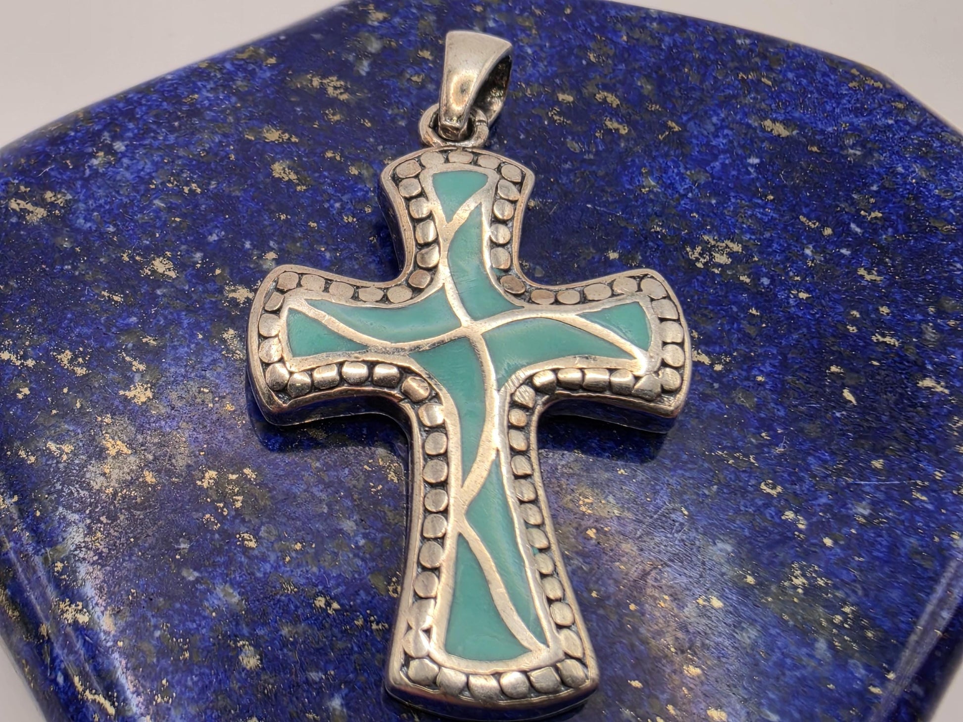 925 Sterling Silver Turquoise Cross Pendant | Enamel Fill | Milgrain Border | 1.25"