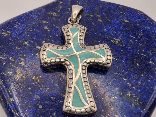 925 Sterling Silver Turquoise Cross Pendant | Enamel Fill | Milgrain Border | 1.25"
