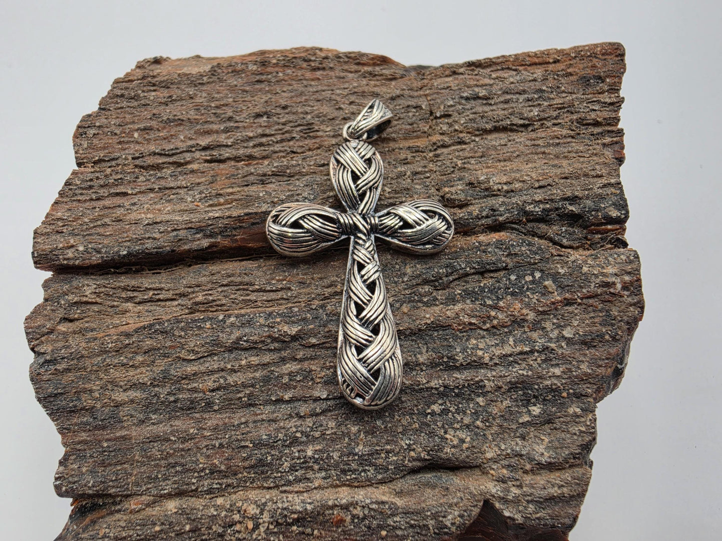 925 Sterling Silver Woven Cross Pendant | Braided Wire Texture | Oxidized Finish | 1.5"