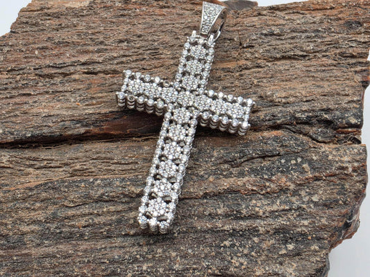 925 Sterling Silver Iced Cross Pendant | Double Row CZ Pave | Classic Silhouette | 1.5"