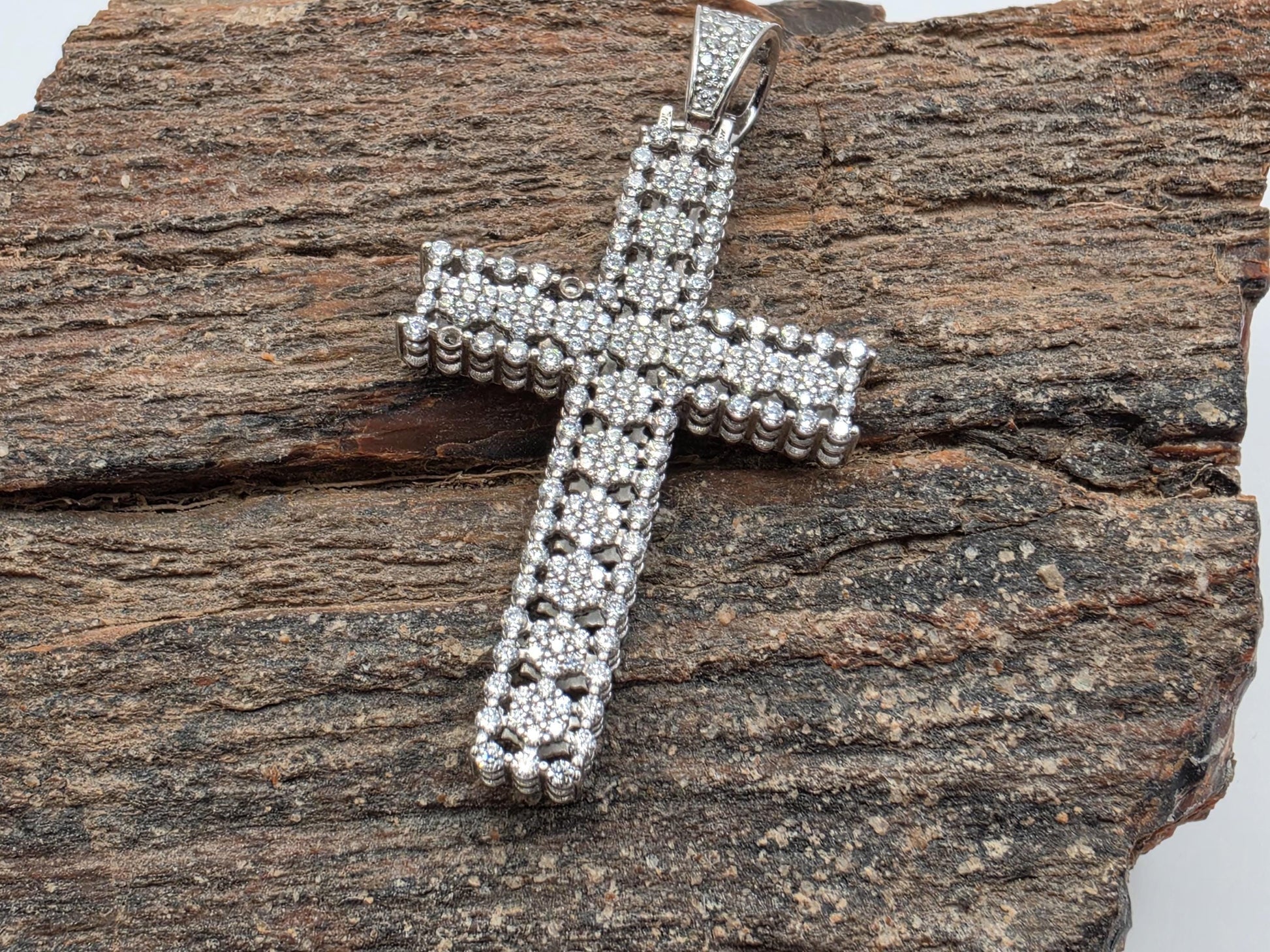 925 Sterling Silver Iced Cross Pendant | Double Row CZ Pave | Classic Silhouette | 1.5"