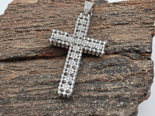 925 Sterling Silver Iced Cross Pendant | Double Row CZ Pave | Classic Silhouette | 1.5"