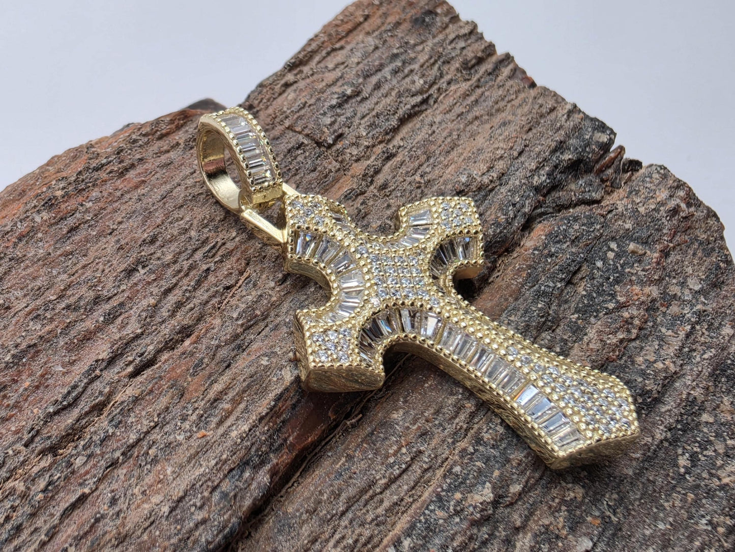 Gold Plated Sterling Silver Gothic Cross Pendant | CZ Pave | Sunburst Center | 1.5"