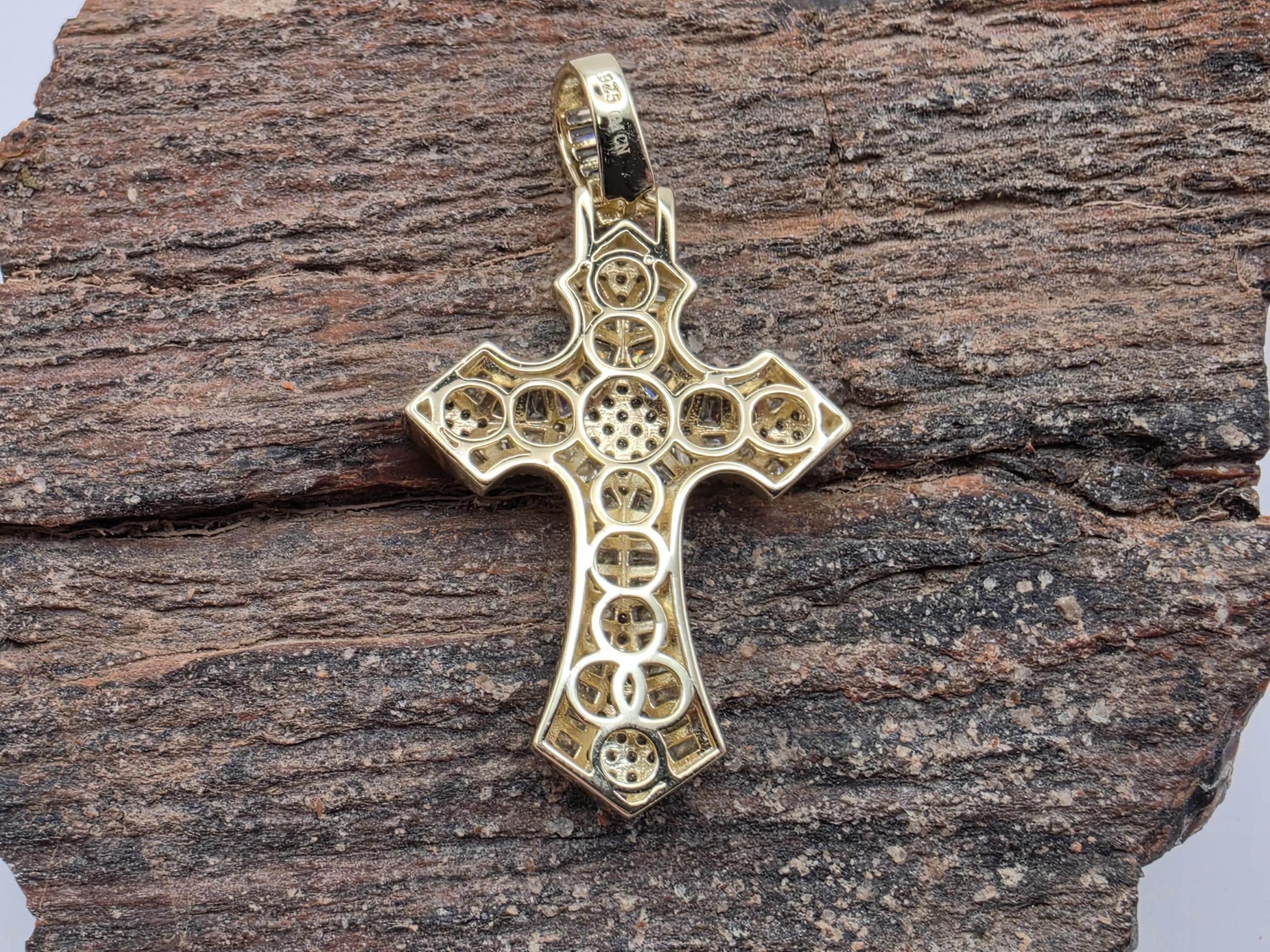 Gold Plated Sterling Silver Gothic Cross Pendant | CZ Pave | Sunburst Center | 1.5"