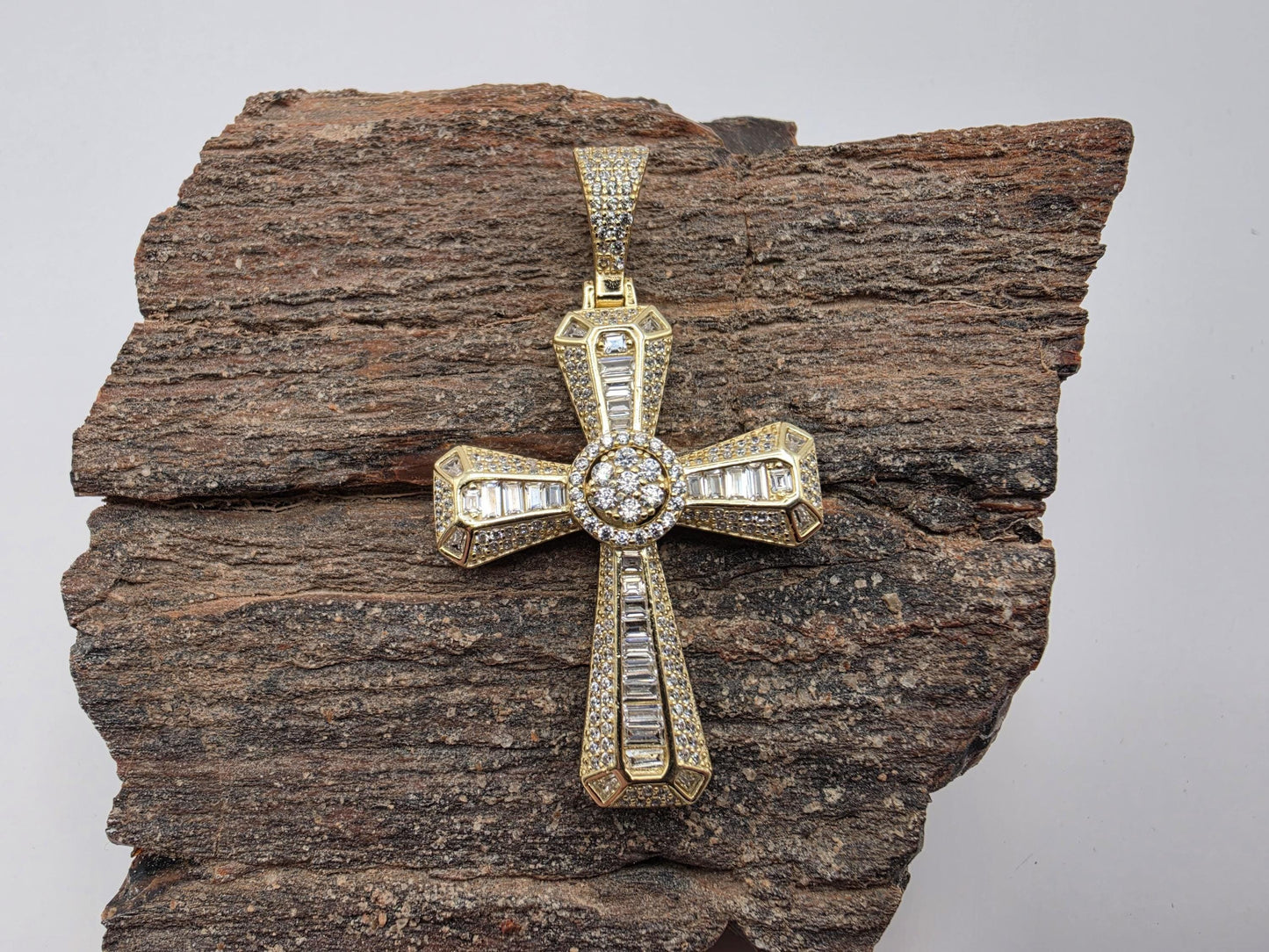 Gold Plated Sterling Silver Baguette Cross Pendant | Round Halo Center | Stepped Tips | 1.5"