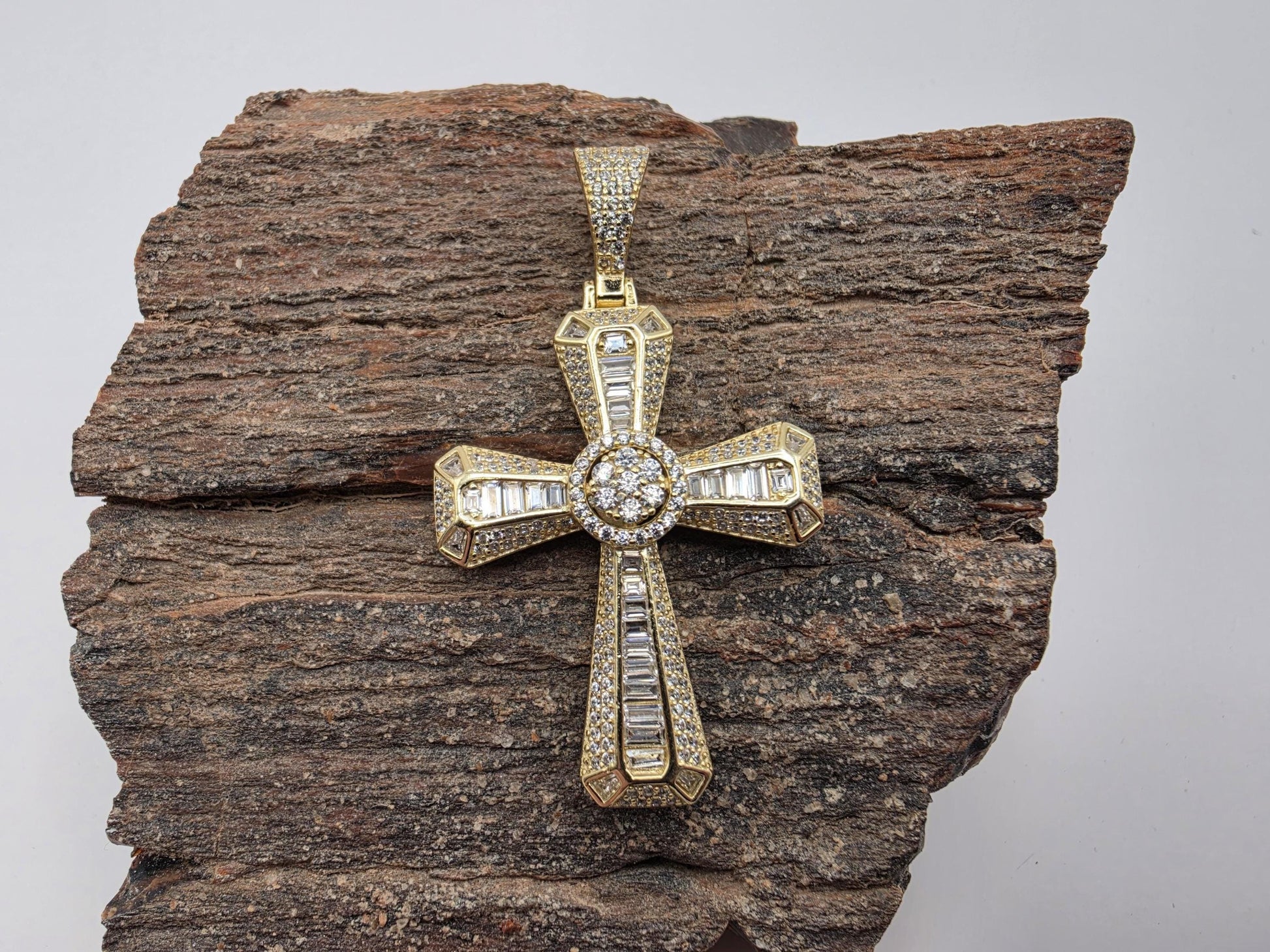 Gold Plated Sterling Silver Baguette Cross Pendant | Round Halo Center | Stepped Tips | 1.5"