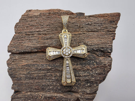 Gold Plated Sterling Silver Baguette Cross Pendant | Round Halo Center | Stepped Tips | 1.5"