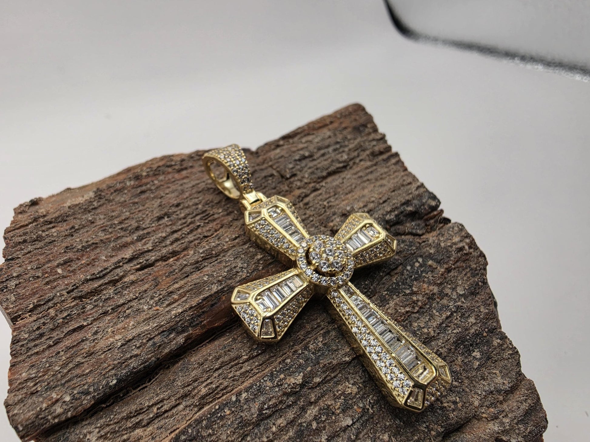 Gold Plated Sterling Silver Baguette Cross Pendant | Round Halo Center | Stepped Tips | 1.5"