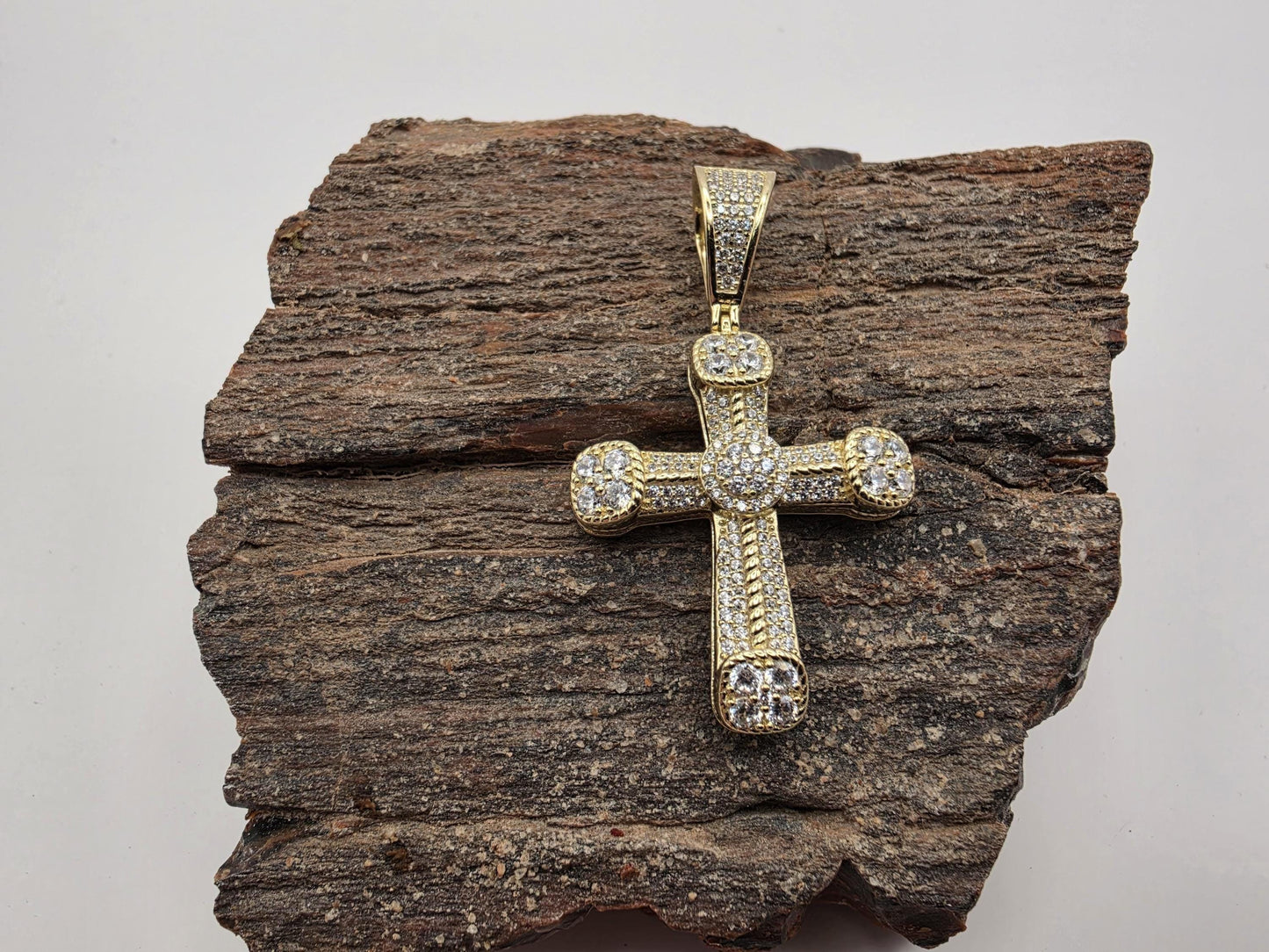 Gold Plated Sterling Silver CZ Cross Pendant | Halo Tip Clusters | Milgrain Arms | 1.25"